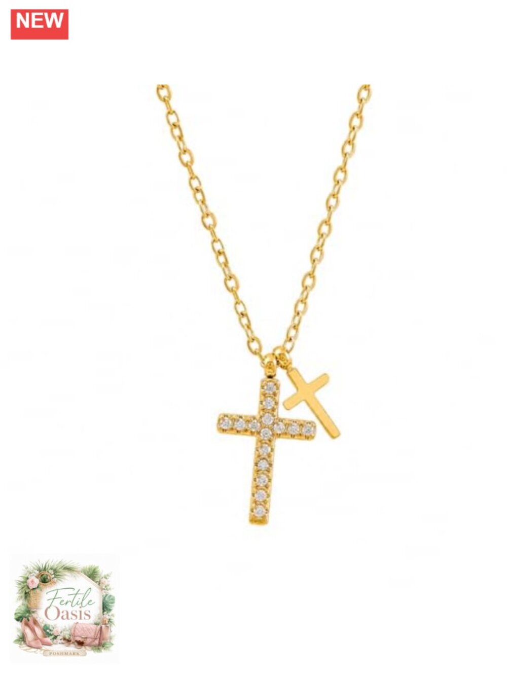 Double Cross Necklace Stainless Steel CZ Diamond Accent Pendant